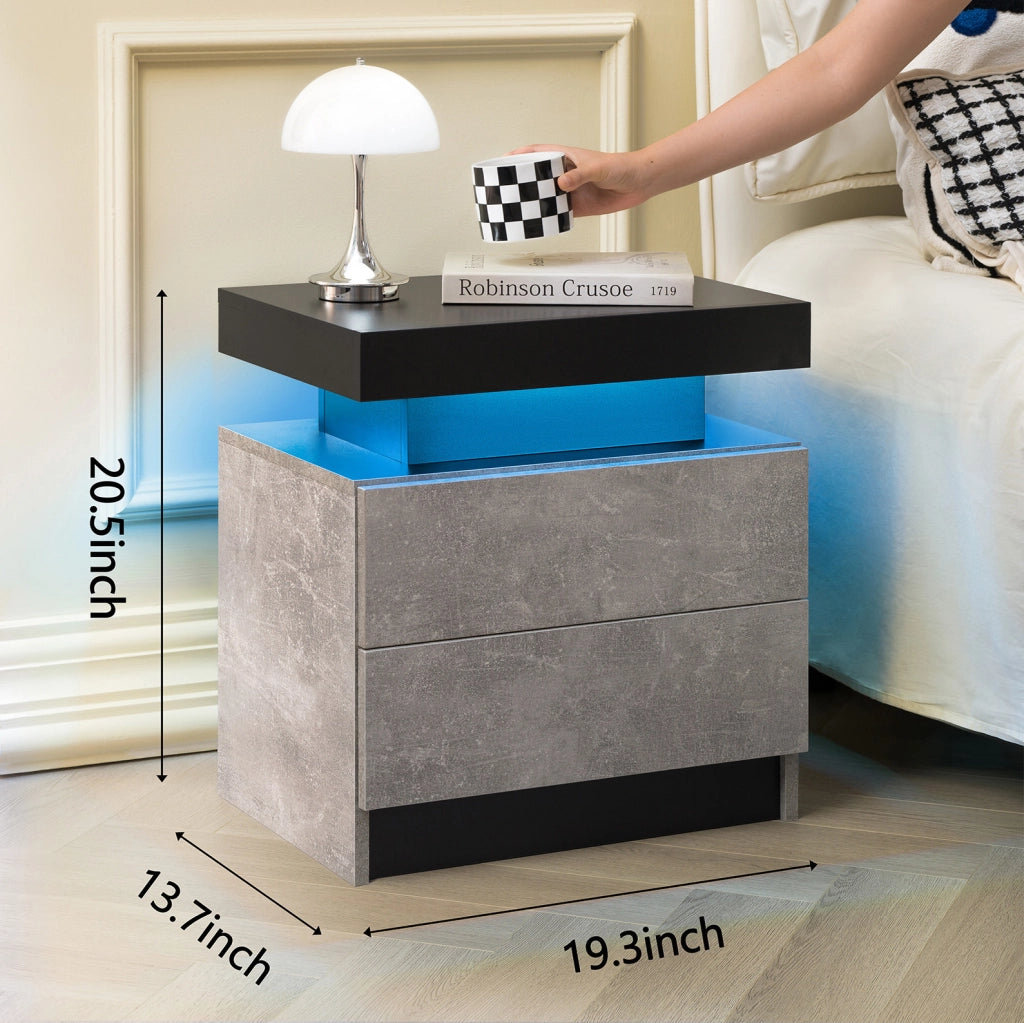 Comodino moderno grigio con luci LED regolabili e 2 cassetti