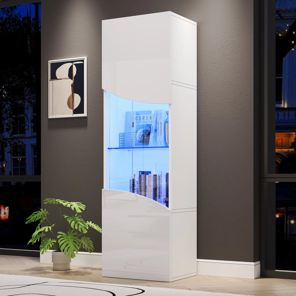 Vetrina alta e stretta 35 x 50 x 165 cm con LED; in pannello truciolare bianco lucido e vetro temperato