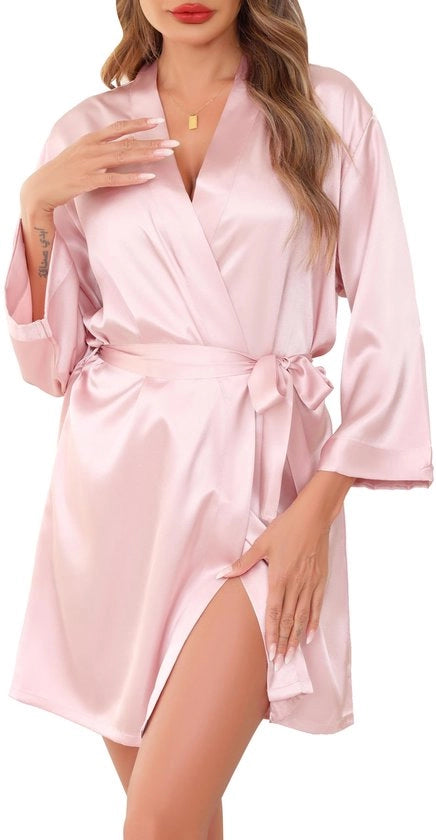 Set di lenzuola da camera unisex in seta, kimono con V-collo, leggero, per spa, casa e hotel, colore rosa chiaro.
