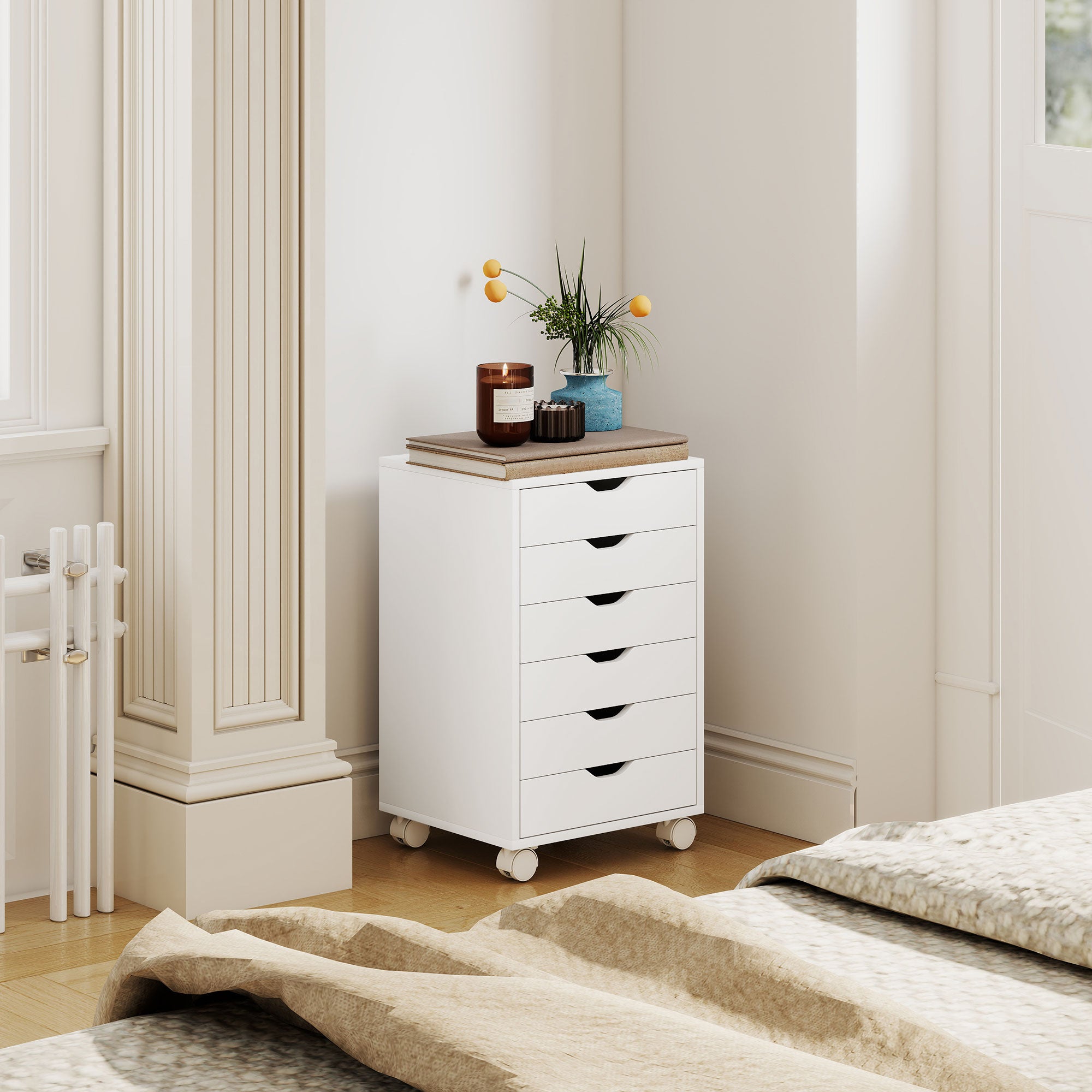 Cassettiera da Ufficio a 6 Cassetti 40x35x63 cm con 4 Ruote e Blocco Bianco