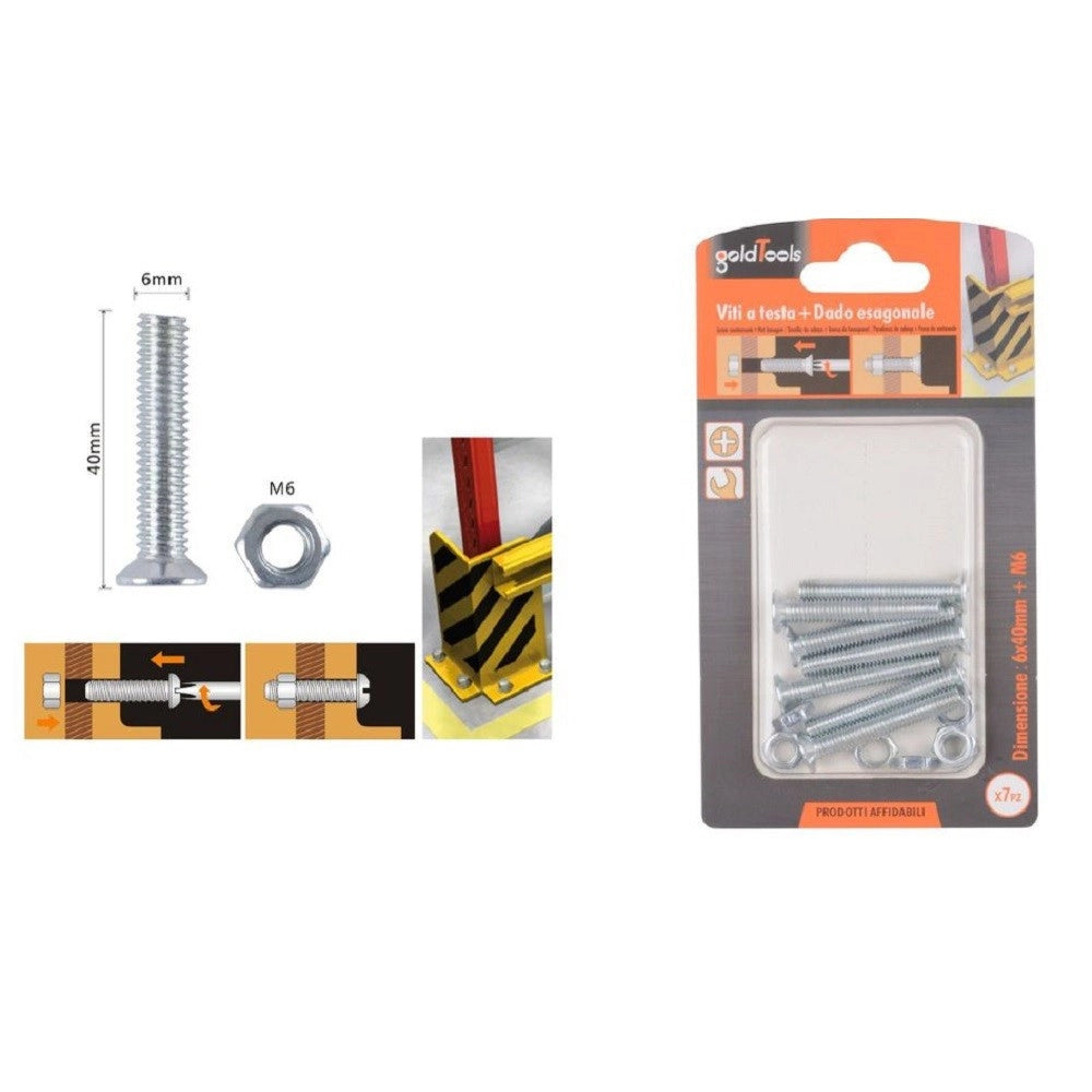 Trade Shop - Set 7 Pezzi Viti Vite Testa A Croce Piatta 6 X 40 Mm Con Dado Esagonale M6 90945 -