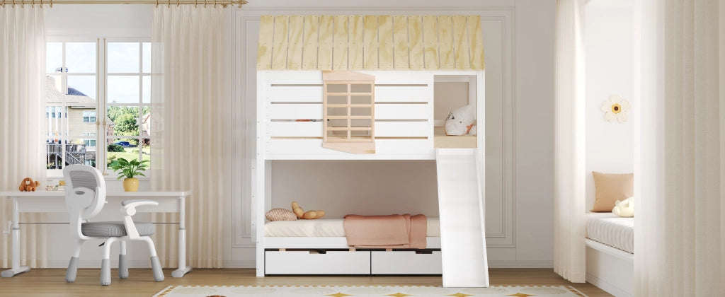 Letto a castello a forma di casa 90x200 cm con scivolo e 2 cassetti, colore bianco e naturale