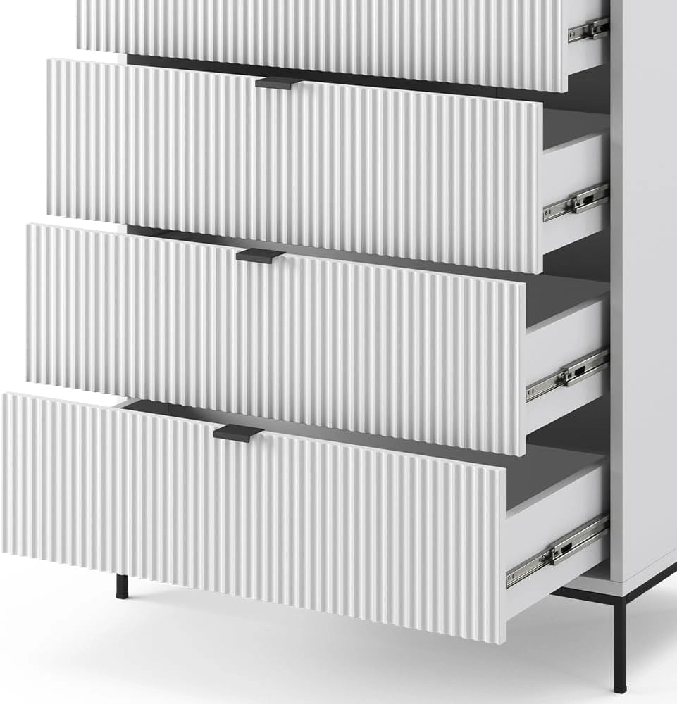 Cassettiera Eliza, Bianco, 76 x 120 cm con 5 cassetti, per conservazione e utilizzo in camera da letto o corridoio