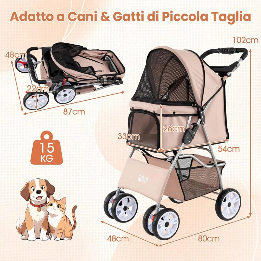 Passeggino per Cani Piccoli Pieghevole Facile, Carrozzina per Cani Portata Fino a 15 kg con Rete Traspirante e Copertura Impermeabile, Passeggino per Gatti per Viaggio (Beige)