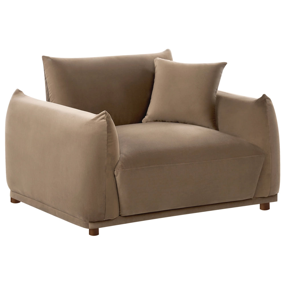 Set divano moderno a 5 posti in velluto con cuscini decorativi e poltrone con gambe in legno marrone stile moderno