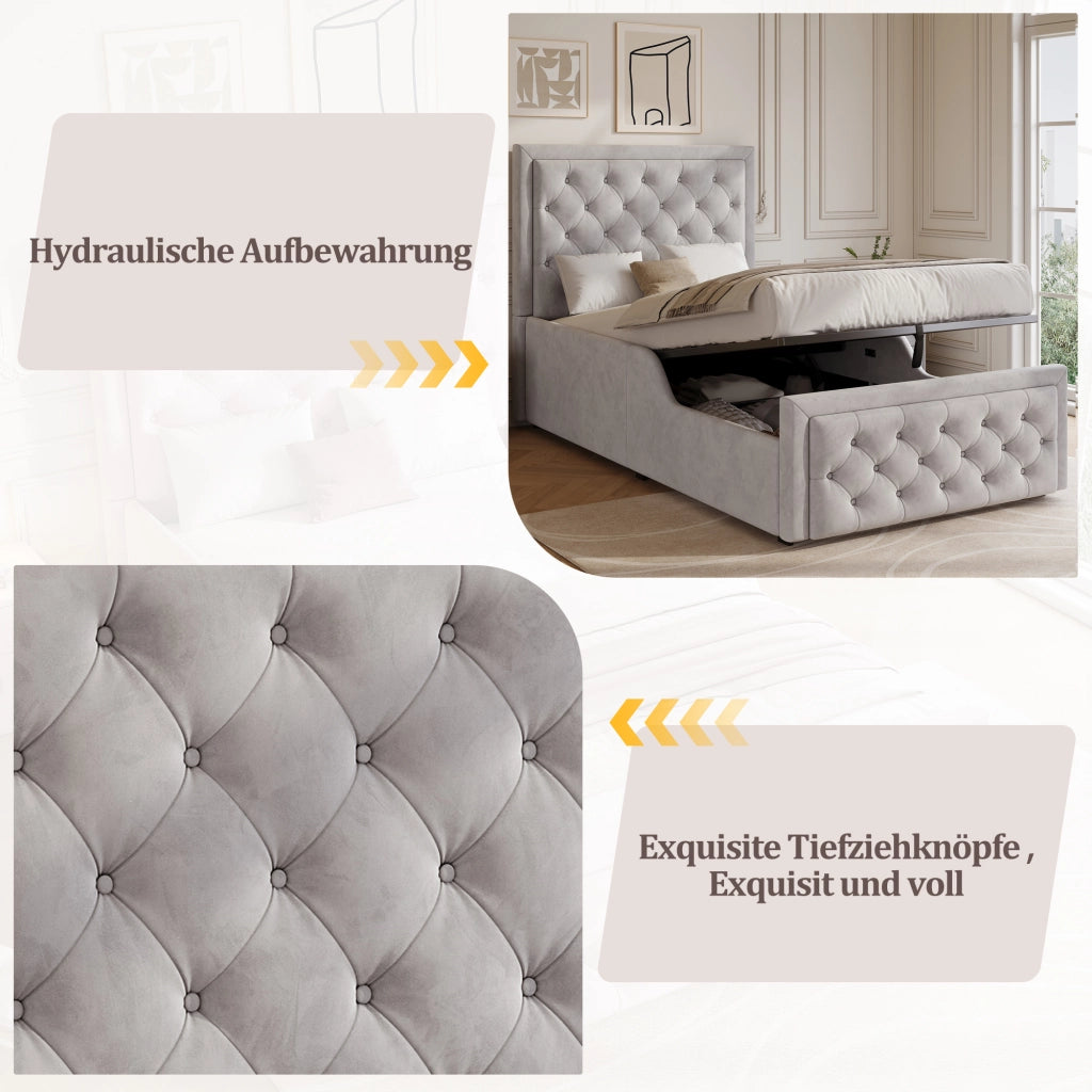 Letto per bambini 90 × 200 cm con contenitore idraulico, testiera imbottita, senza materasso, velluto grigio
