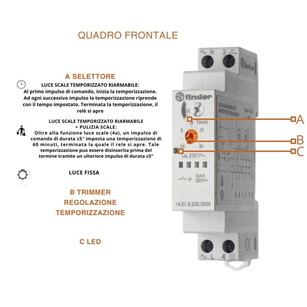 finder 14.01.8.230.0000 serie 14relè luce scala 4 funzioni din 220v multifunzione