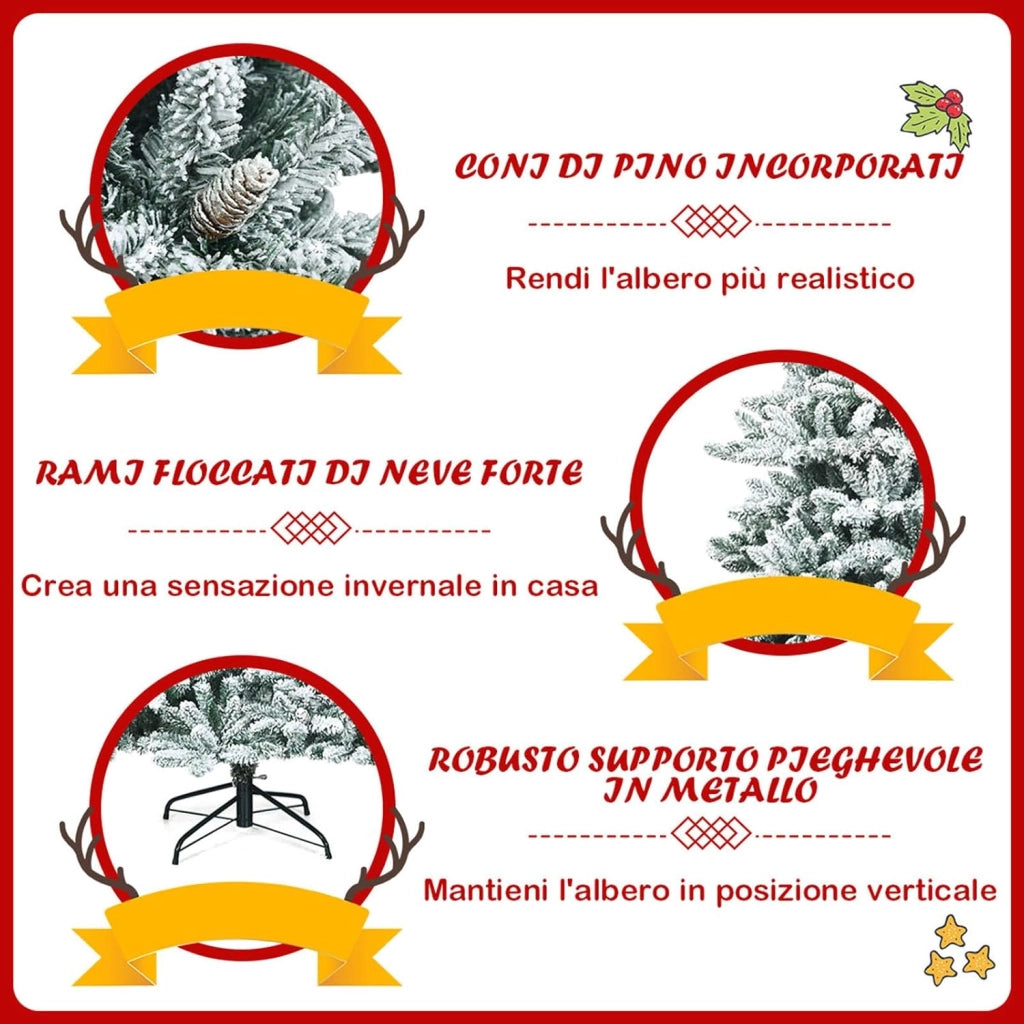 Albero di Natale Artificiale 210 cm, Albero di Natale Innevato con 1108 Rami Densi, Pigne Bianche e Base in Ferro, Decorazione Natalizia per Casa, Negozio e Ufficio