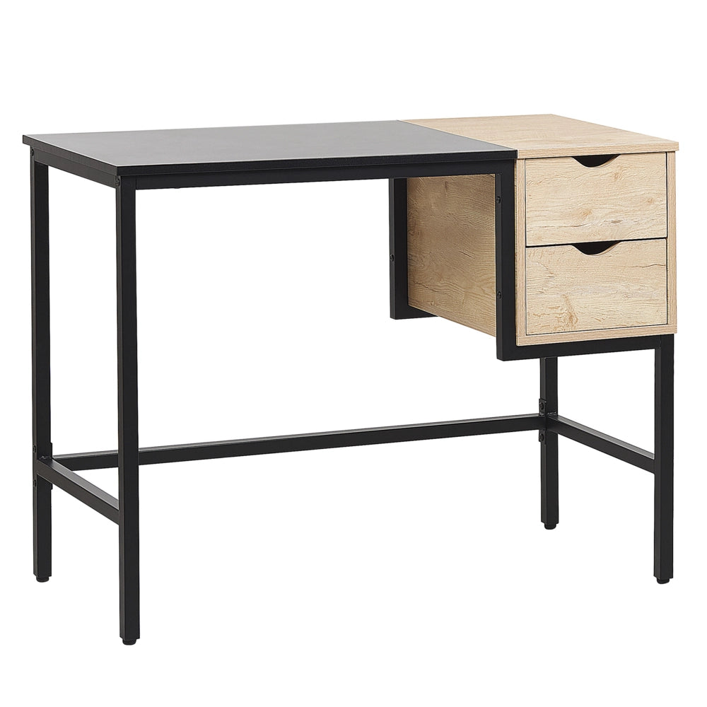 Scrivania Home Office Nera con Struttura in Metallo Legno Chiaro 100 x 48 cm Vano Portaoggetti 2 Cassetti Piano in PVC