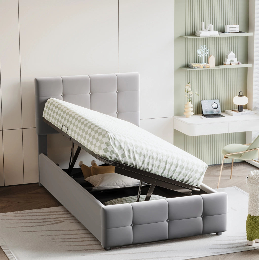 Letto imbottito per bambini 90x200 cm con contenitore idraulico; testiera regolabile; velluto grigio