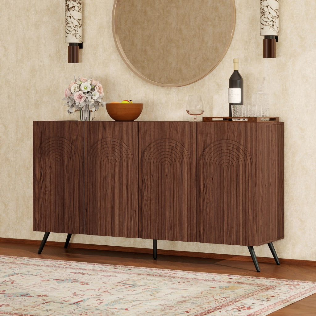 Credenza Mid-Century ¨C MINIMAL ¨C Legno Noce con Ante ad Arco, Ripiani, Gambe Metallo Dorato