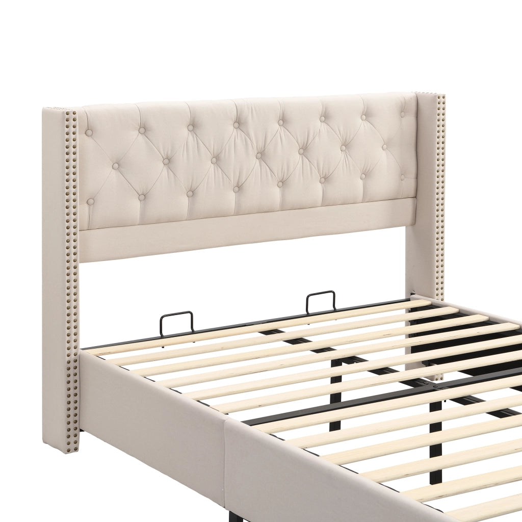 Letto Imbottito 140×190 cm; Letto Matrimoniale con Testiera con Rivetti; senza Materasso; in Lino; Beige
