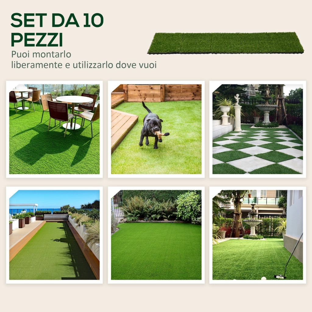 Set 10 Piastrelle 30x30 cm Erba Finta 20 mm Prato Artificiale Sintetico Realistico Verde Scuro