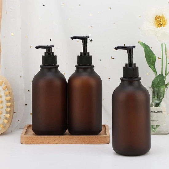 Dispensatore di lotion, 3 pezzi, 500 ml, dispensatore di sapone per shampoo, sapone liquido, gel doccia, dispensatore di detersivo per lavastoviglie da riempire con etichette, bottiglia di plastica riutilizzabile per cucina e bagno, forma rotonda amber.