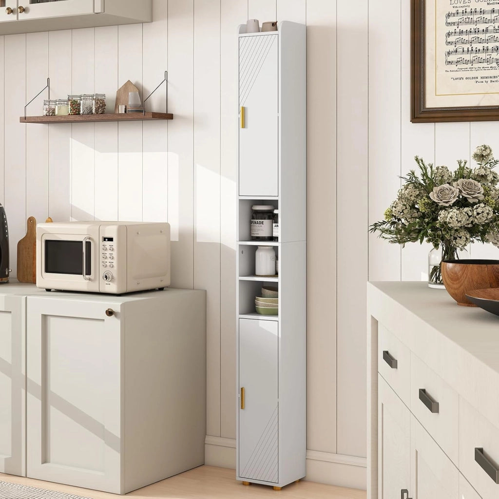 Armadietto da bagno da 179 cm, con 2 ante, 3 ripiani aperti, ganci e porta carta igienica, 20 x 20 cm, per ufficio, cucina e corridoio (3 ripiani, bianco)