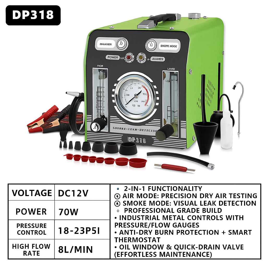 DP318 Smoke Leak Detector 12 V – Test EVAP e perdite con fumo pompa integrata manometro flussimetro e kit accessori professionale per auto