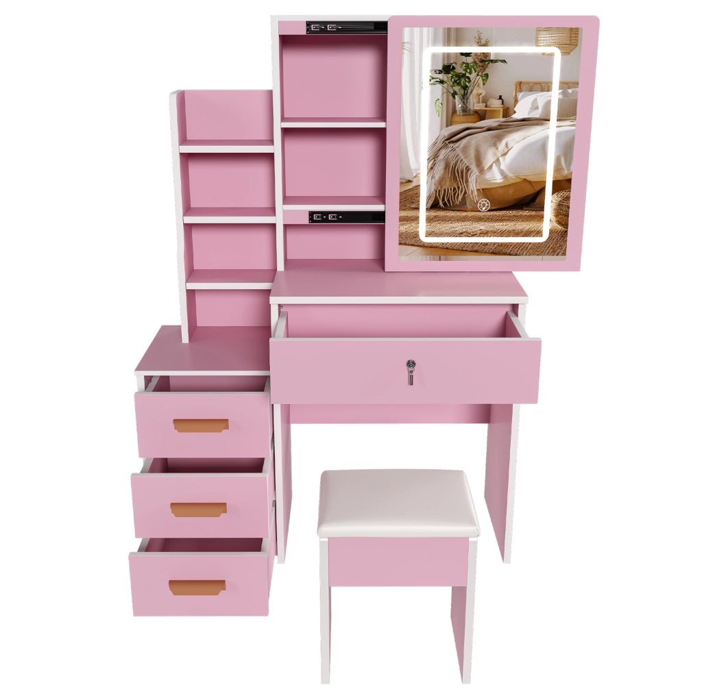 Toeletta ULEVR con specchio LED a 3 modalit¨¤, ante scorrevoli a specchio e sgabello, rosa, MDF