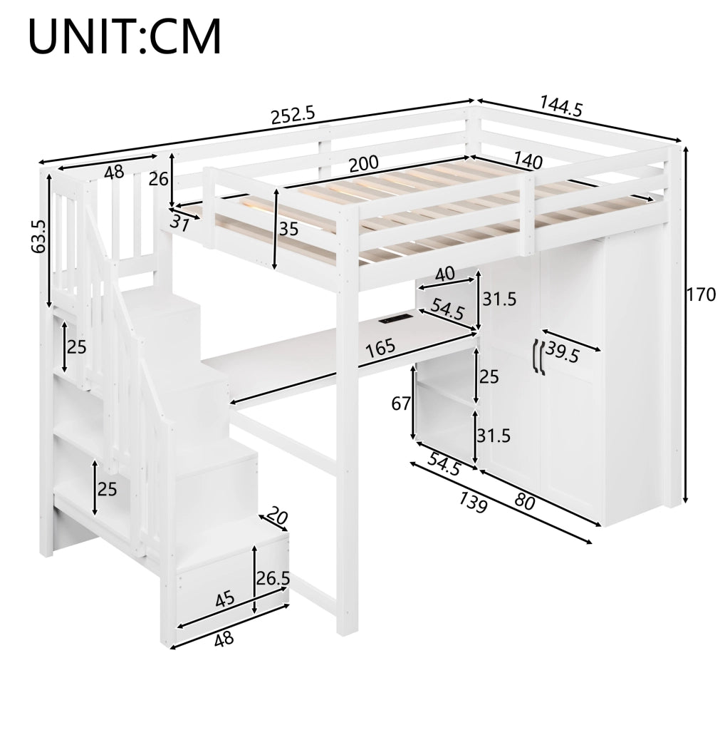 Letto a soppalco 140x200 cm bianco con scrivania, armadio, scala contenitore e LED