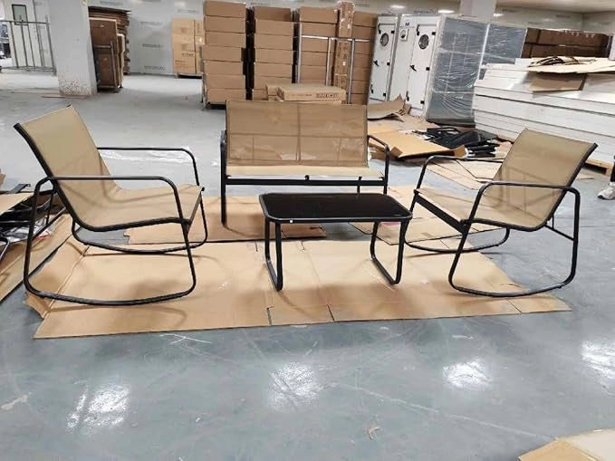 Set da Giardino 4 Pezzi in Tessuto Textilene, Set da Bistrò da Patio, Set tavolo e sedie con Tavolino in Vetro, 2 Sedie e Divanetto a Dondolo, per Giardino Coltile (Marrone)