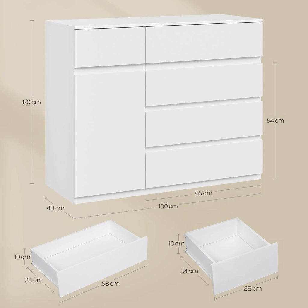 Cassettiera Camera da Letto, Mobiletto Salvaspazio con 5 Cassetti e 1 Armadietto, Ripiano Regolabile, per Soggiorno, Ingresso, 100x40x80 cm, Bianco
