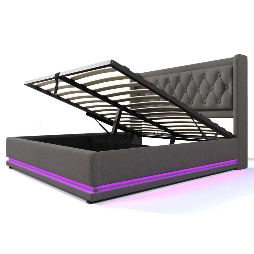 Letto matrimoniale imbottito 180x200 cm in cotone grigio con contenitore; LED e USB Type-C