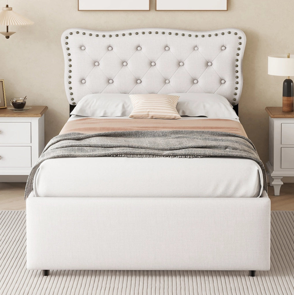 LETTO imbottito 90x200 cm beige chiaro con 2 cassetti