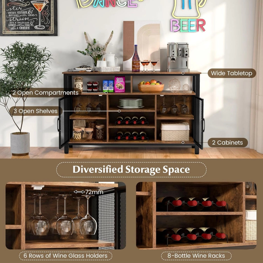 Credenza da Buffet, Mobilellto da Cucina con Portabottiglie e Portabicchieri, Porta TV per TV fino a 60" con 2 Armadietti con Anta, 3 Ripiani e 2 Scomparti Aperti, Nero/Grigio(Marrone)