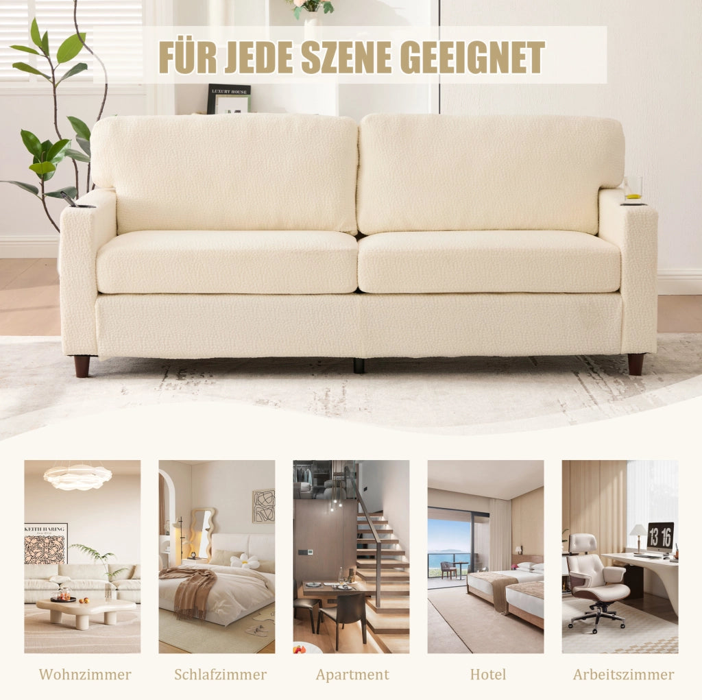 Divano a 2 posti in chenille beige con USB-C; luci LED; portabicchieri e tasche laterali 203 cm
