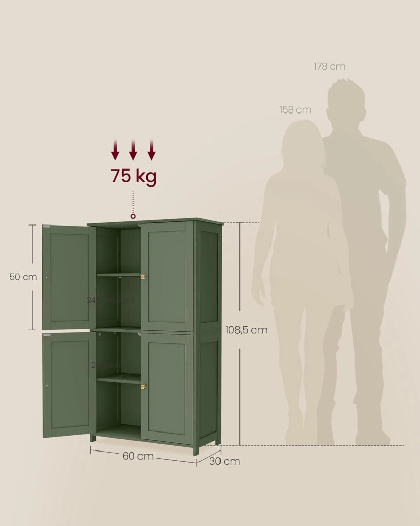 VASAGLE Mobiletto da Bagno, Armadietto con 2 Ripiani Regolabili, Portaoggetti con 4 Ante, Unità Alta Autoportante, per Cucina, Verde Foresta BBC553CH01