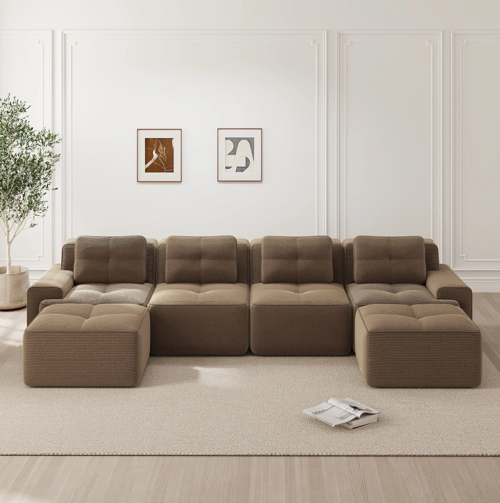 Divano modulare senza montaggio 382x177x69 cm in tessuto a coste marrone; seduta profonda
