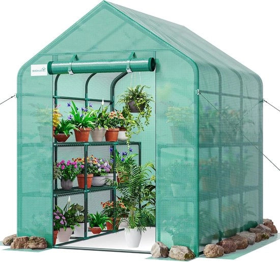Serra XXL a 3 Livelli 18 Scomparti Copertura PE con Cerniera Copertura di Pianta Resistente al Tempo e Protezione UV con Ancore di Fondazione e Funis per Giardino Esterno 195 x 214 x 143 cm Verde