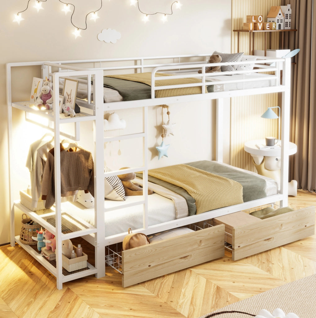 Letto a castello 90x200 cm con LED, cassetti e ripiani bianco