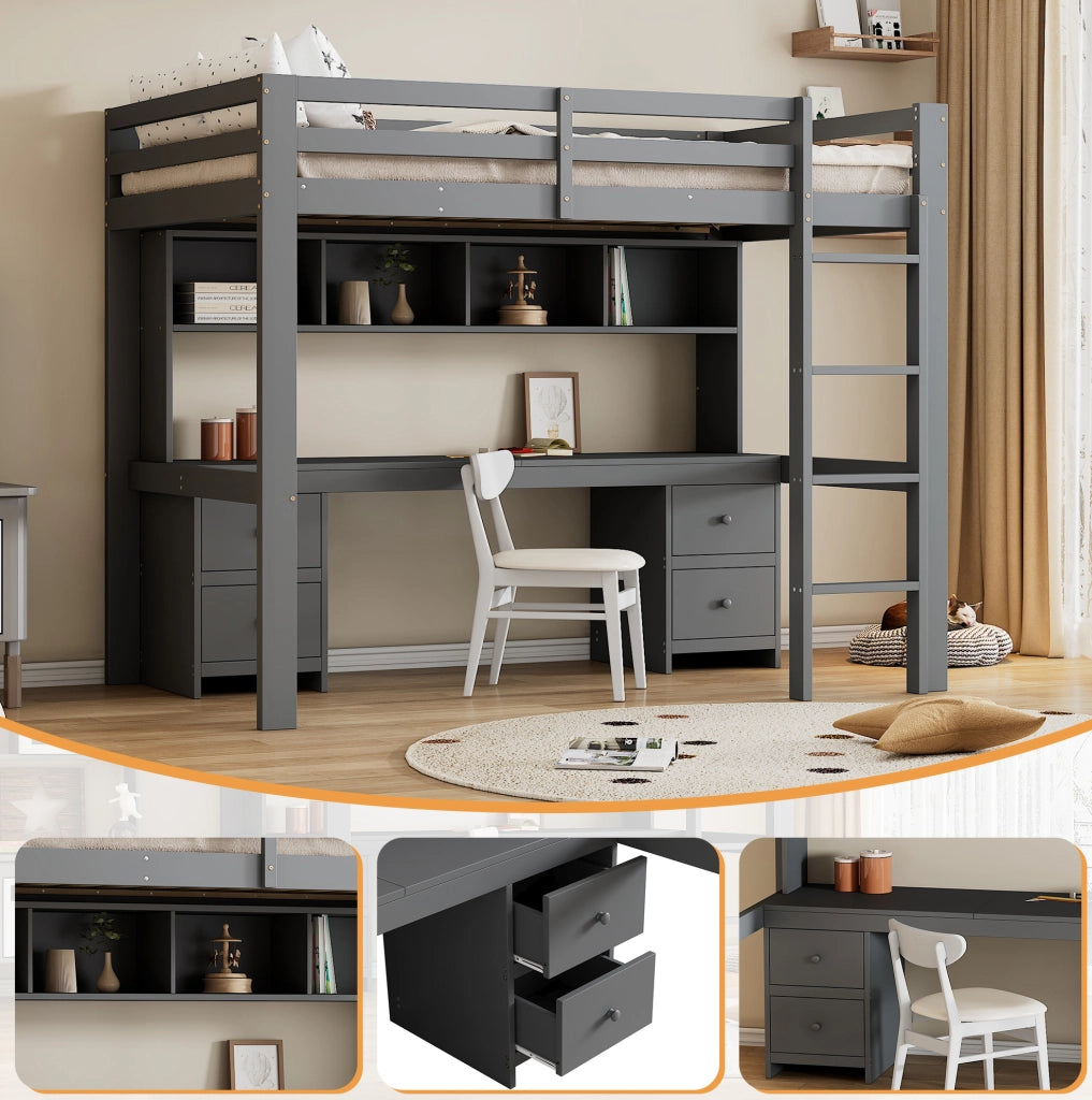 Letto a soppalco 90x200 cm con scrivania e spazio contenitivo in pino grigio