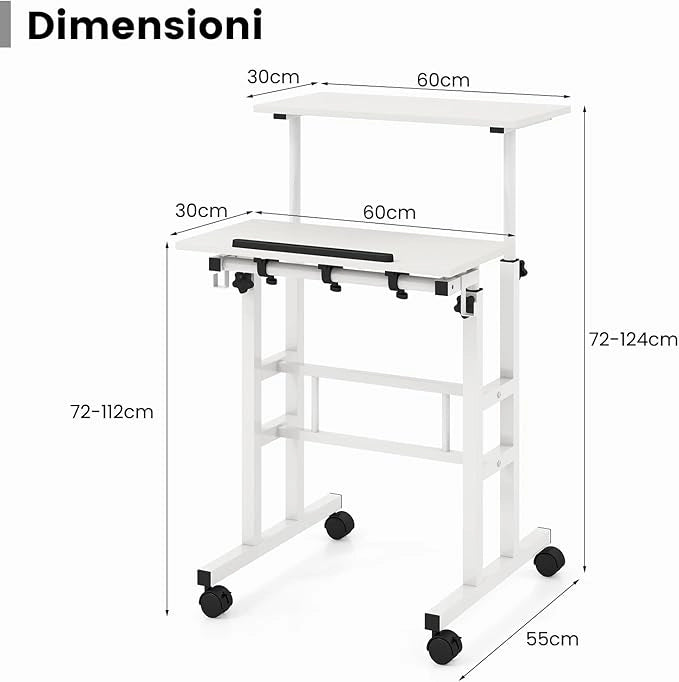 Scrivania per Computer Regolabile in Altezza, Scrivania Salvaspazio con Ruote e Ganci, Tavolo Porta PC per Studio e Ufficio, 60 x 60 x 72-124 cm (Bianco)