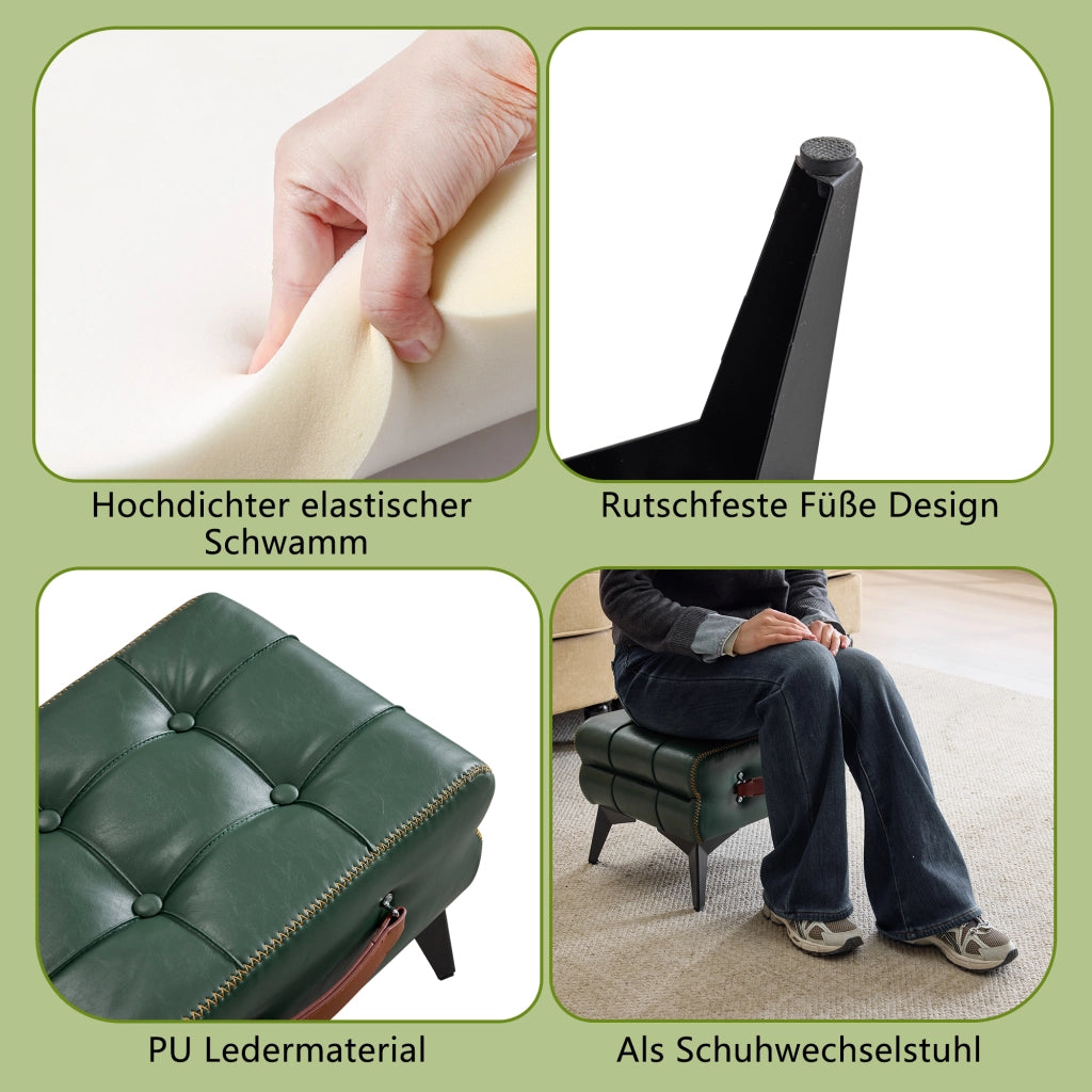 Pouf multifunzione per cambio scarpe con maniglia, piedini antiscivolo e gambe in acciaio in pelle PU verde