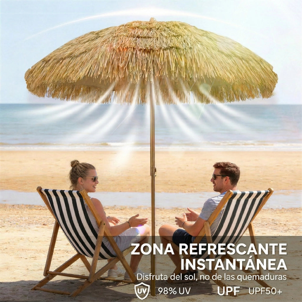 Ombrellone da spiaggia con frangia in paglia ¨C zephmum ¨C marrone chiaro, ?178 cm, regolabile in altezza, UV50+, con borsa