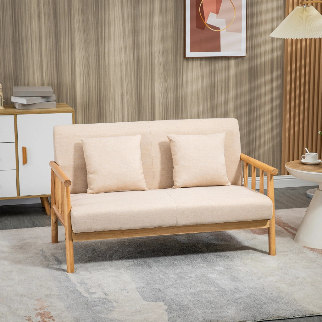 Divano a 2 posti con cuscini, struttura in legno massello e stile rustico, beige 123 × 69 × 74 cm