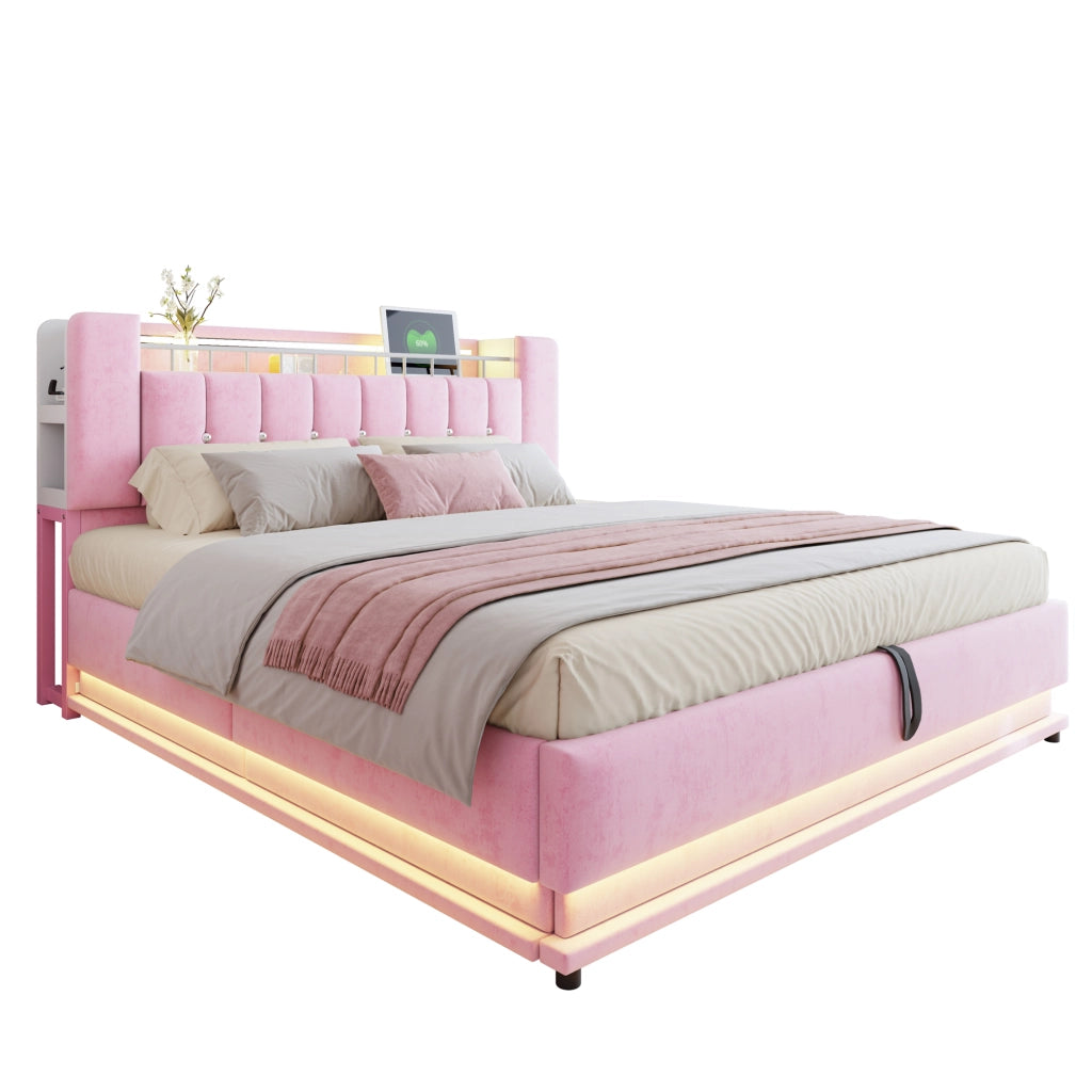 Letto Contenitore 180x200 cm; LED; USB e vano testiera - in Velluto Rosa