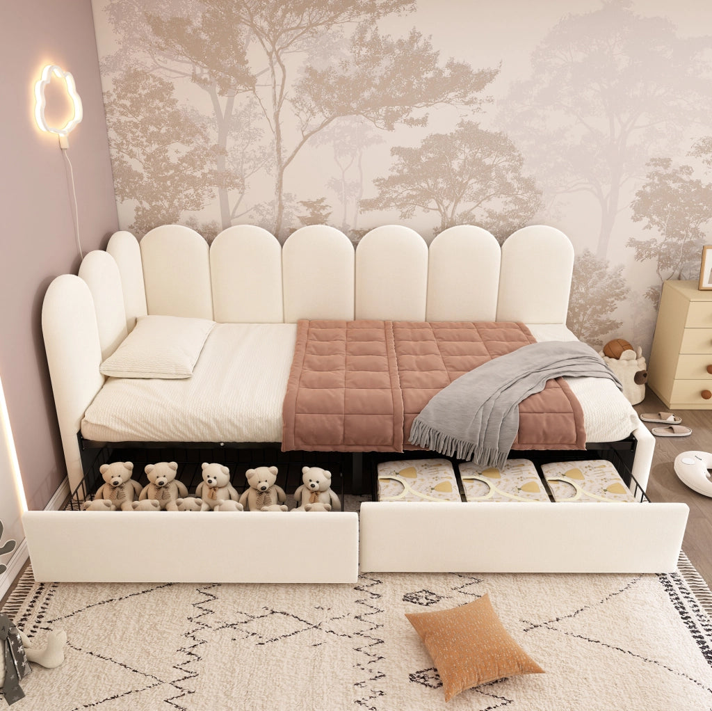 Letto singolo imbottito 90x190 cm con 2 cassetti e rete a doghe; velluto beige