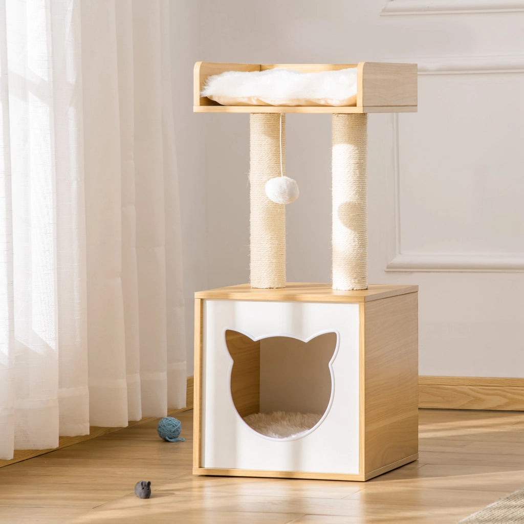 Albero per gatti a 2 livelli con letto e tiragraffi ¨C zephmum ¨C bianco e rovere 35x35x81 cm