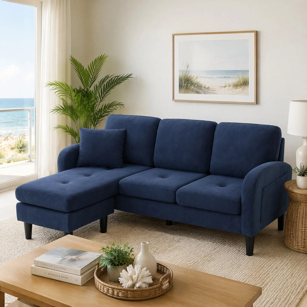 DIVANO angolare modulare 166x118x77 cm in cord Blu con chaise longue