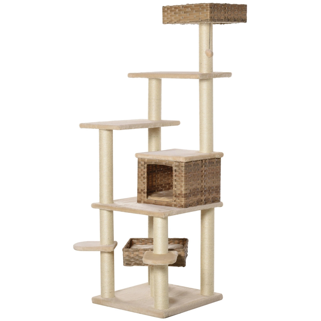 Albero per gatti a pi¨´ livelli con tana ¨C zephmum ¨C Rattan MDF Sisal Beige Marrone 55x55x174 cm