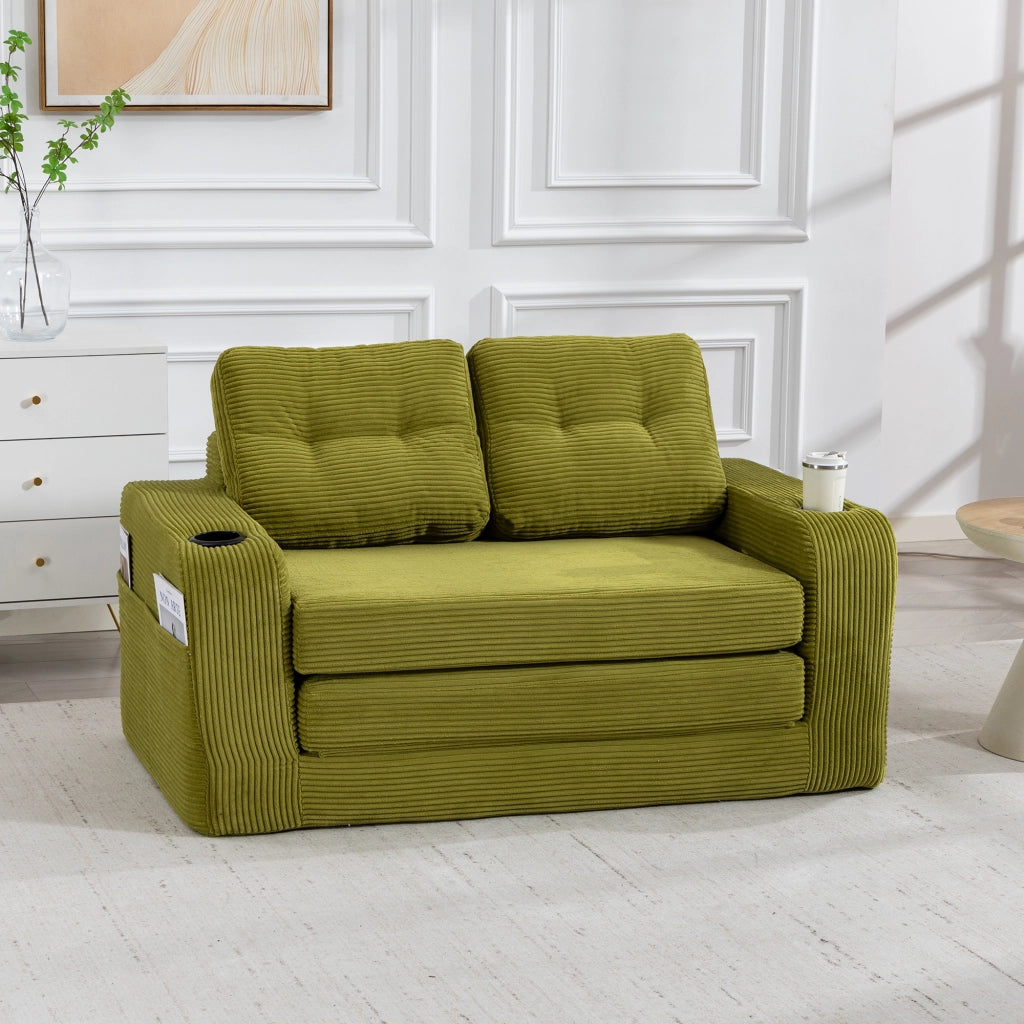 Divano modulare a 2 posti in velluto a coste con portabicchieri e tasche laterali verde oliva 136 × 80 × 82,5 cm