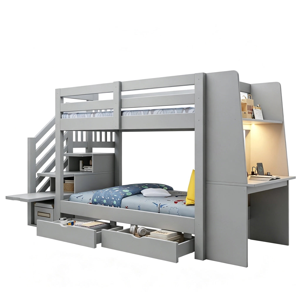 Letto a castello 90x200 cm con scrivania; libreria; scala contenitore; LED e cassetti; grigio