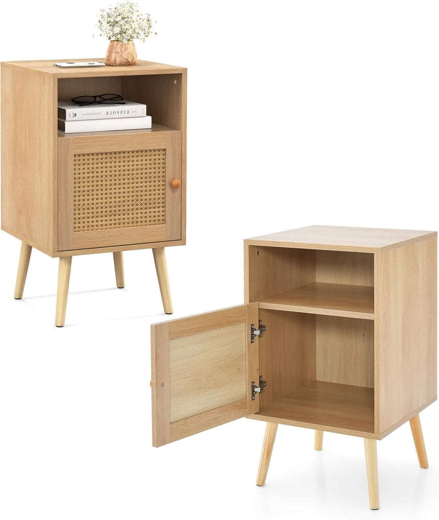 Comodino in legno, con porta in rattan e gambe in pino, tavolino con armadio e ripiano aperto, per camera da letto, soggiorno, 40 x 39 x 70 cm, naturale (2)