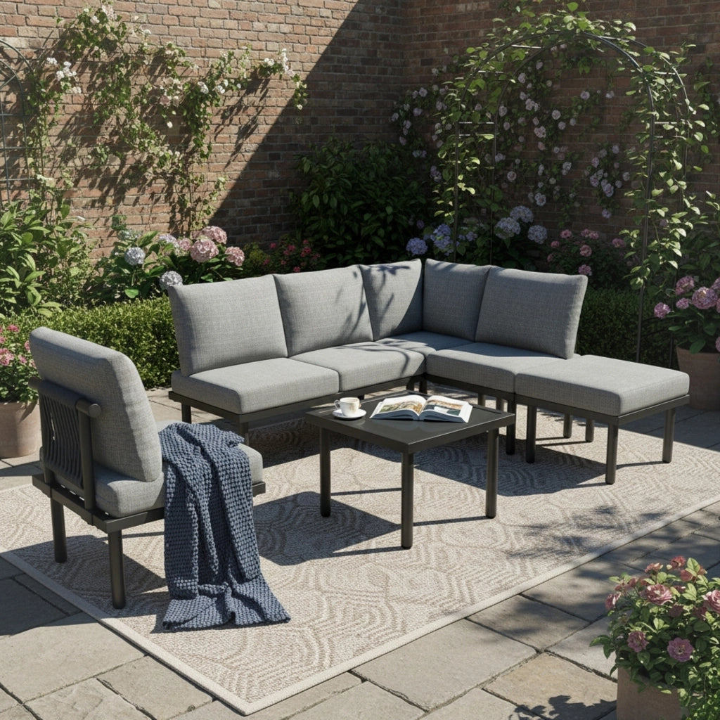 Set Lounge da Giardino 6 Pezzi con Cuscini ¨C Xylo ¨C Grigio, Corda, Vetro