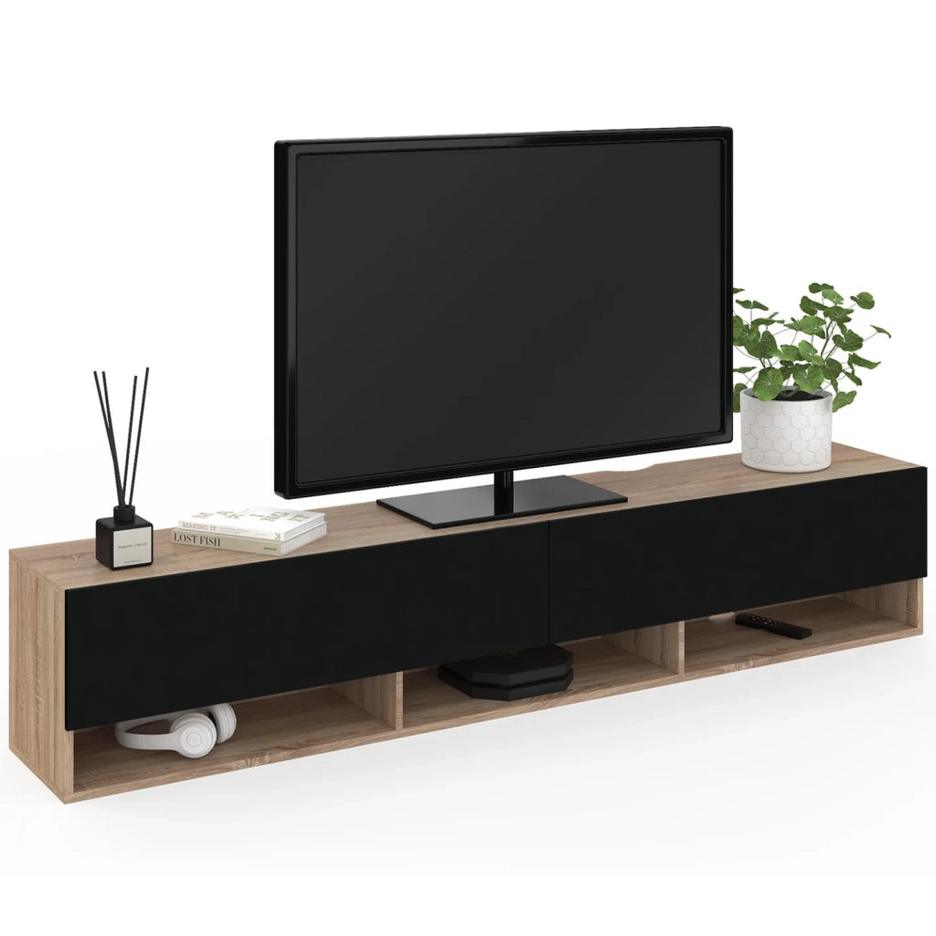 IDMarket - Mueble TV suspendido ELIO con estante de 2 puertas en madera y negro 180 cm