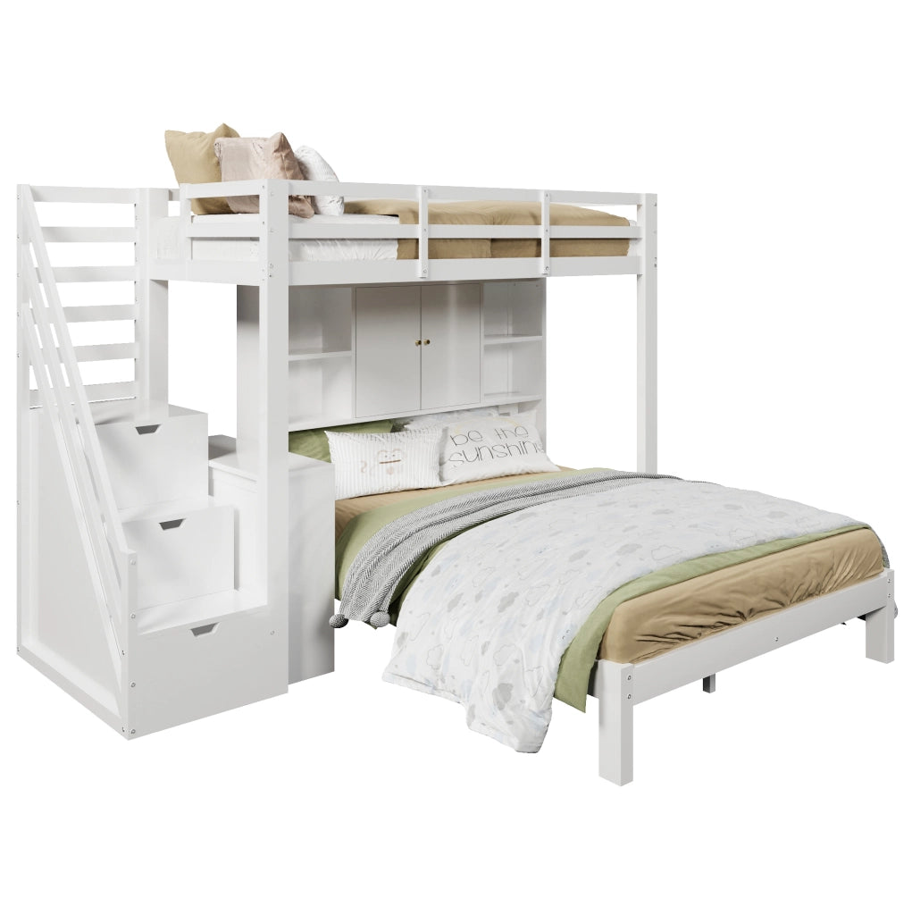 Letto a castello con contenitore 90x200 cm + 140x200 cm; in legno massiccio e MDF; bianco