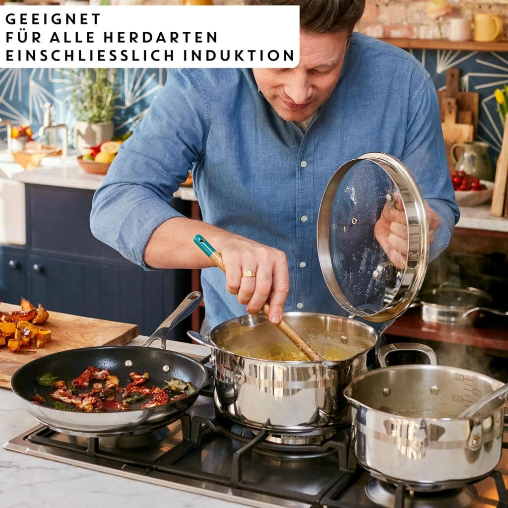 Jamie Oliver Cook Smart - Set di padelle da 20/24/28 cm, E310S3, in titanio sicuro, 2 rivestimenti antiaderenti, termo-segnale, tecnologia a induzione integrale termofusione, manico ergonomico