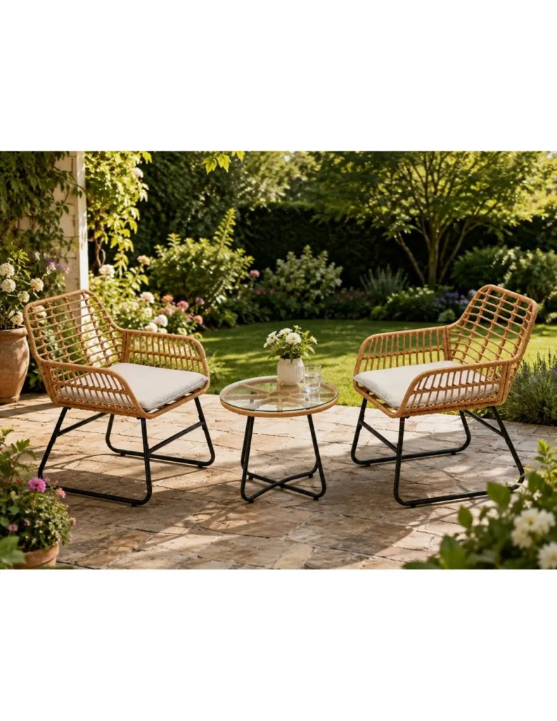 Set da giardino HAVENA 2 posti in rattan marrone con cuscini grigi e tavolino